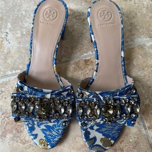 Tory Burch Blue Sandals with Decorative Bow